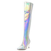 Etta Silver Holographic Thigh High Boots with Heels